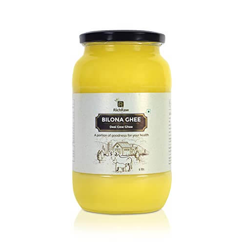 RichRaw Natural & Healthy Pure Organic Desi Cow Ghee | Hand Churned Made Using Traditional Bilona Method | Ideal for Kids & Adult | Glass Bottle – 1 Litre at Discount Price in India
