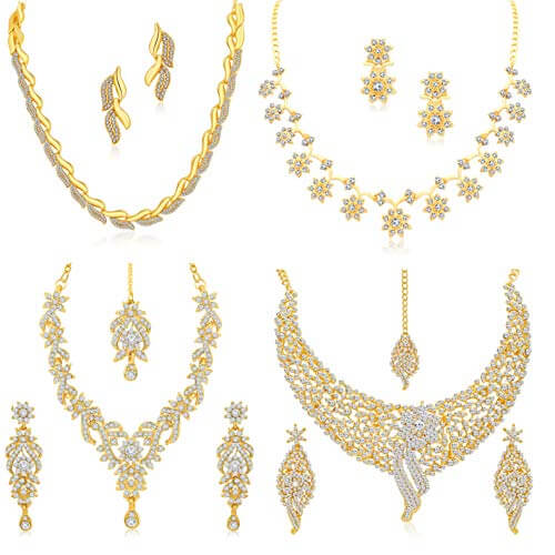 Sukkhi Sparkling Gold Plated Wedding Jewellery Austrian Diamond Set of 4 Necklace Combo for Women (SKR48715) at Discount Price in India