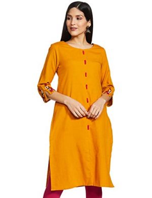 Amazon Brand - Myx Women's Cotton Blend Regular Kurti (AW19MYXCHK09_Mustard_Medium) at Sale Price in India