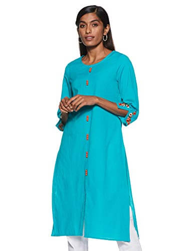 Amazon Brand – Myx Women’s Cotton Blend Solid Regular Kurti (AW18WWST5B_Teal_S) at Discount Price in India