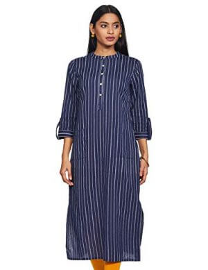 Amazon Brand - Myx Women's Cotton Regular Kurti (PAG185_Blue_L) at Sale Price in India
