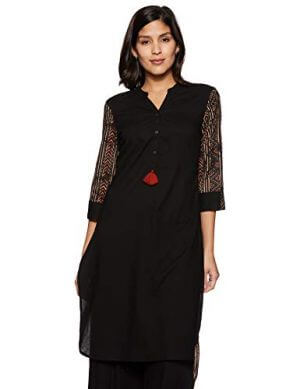 Amazon Brand - Myx Women's Cotton Straight Kurti (AJST08A_Black_L) at Discount Price in India