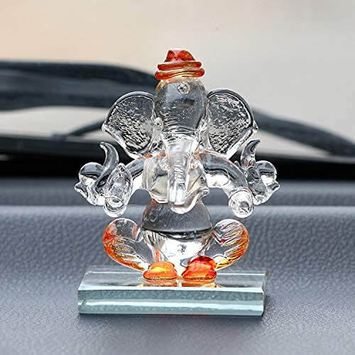 eCraftIndia Orange and Transparent Double Sided Crystal Car Ganesha Showpiece at Sale Price in India