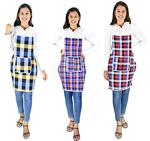 GLUN Cotton Kitchen Multi Colour Apron with Front Pocket – Set of 3(Color and Design May Vary) at Discount Price in India