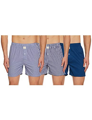 HammerSmith Men’s Checks Boxers (Pack of 3) Relaxed Cotton Casual Shorts (HSBOXPO3M004_Navy,White,Blue_Small) at Discount Price in India