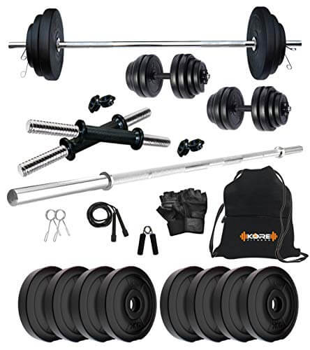 Kore PVC 16 Kg Home Gym Set With One 4 Ft Plain And One Pair Dumbbell Rods With Gym Accessories, Black at Discount Price in India