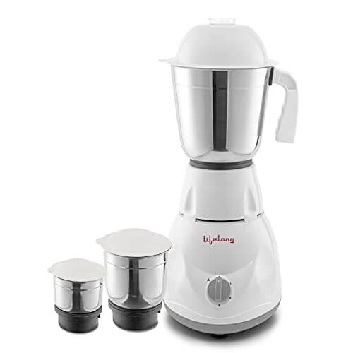 Lifelong LLMG45 Power Pro 500-Watt Mixer Grinder with 3 Jars (Liquidizing, Wet Grinding and Chutney Jar), Stainless Steel blades, 1 Year Warranty (White/Grey) at Cheap Price in India