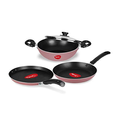 Pigeon Basics Non stick Aluminium Non Induction Base Cookware set, including Nonstick Dosa Tawa, Nonstick Kadai With Glass Lid, and Nonstick Frying Pan, (Pink) at Discount Price in India