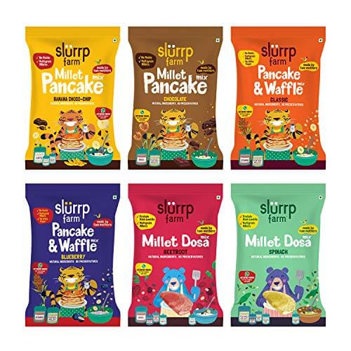 Slurrp Farm Healthy Breakfast and Snacks Trial Pack Combo, Millet Pancake and Dosa Mix, 300g (Pack of 6, 50g Each) at Sale Price in India