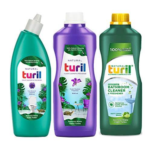 Turil® Toilet Cleaner ( Pure Blossom) Floor Cleaner ( Violet Meadow) & Bathroom Cleaner ( Zesty Lemon ) Combo Pack of 3 X 1L | Eco-Friendly | Zero Toxic Fumes | Streak Free Cleaning | Removes Hard water Stains at Sale Price in India