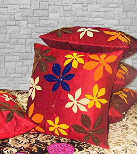 Zikram Exim Multi Flower Polyester 5 Piece Cushion Cover Set – 16” x 16”, MARUN at Cheap Price in India