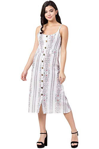 Ashine Women’s Cotton Blend Printed One Piece Party Dress (Small, White) at Sale Price in India