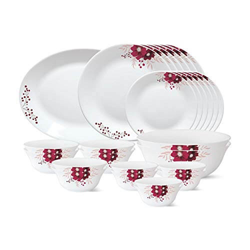 Larah by Borosil – Tiara Series, Paradise, 27 Pcs, Opalware Dinner Set, White at Discount Price in India