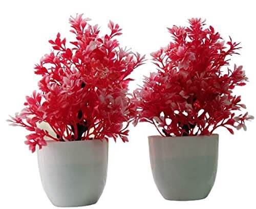 PUHUHP Set of 2 Artificial Beautiful Cute Mini Flower Plants with Pot Dark Color Topiaries Shrubs for Home Decor, Washroom and Office Decor Christmas Diwali and Festive Decoration Pack of Two at Cheap Price in India