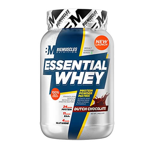 Bigmuscles Nutrition Essential Whey Protein 1Kg [Dutch Chocolate] | 24g Protein per serving with Digestive Enzymes, Vitamin & Minerals, No Added Sugar | Improved Strength , Faster Recovery & Muscle Building at Cheap Price in India