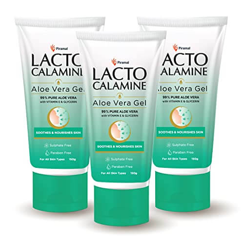 Lacto Calamine Aloe Vera Gel with 99% Pure Natural Aloe Vera, Vitamin E and Glycerin for non-sticky hydration and cooling effect. Lightweight. Soothes and Nourishes skin. No Parabens, No Sulphates - 150 g - Pack of 3