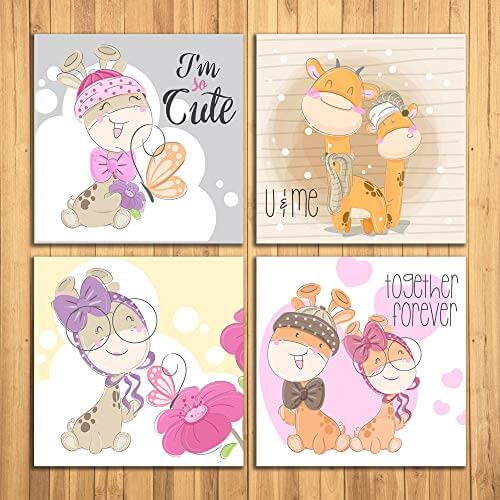 WENS Cute Cartoon Set of 4 Sparkle Laminated Wall Panels for Kids, Multicolor, 40 cm x 40 cm x 1.25 cm