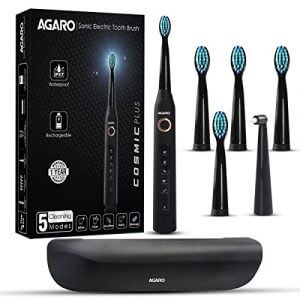 AGARO COSMIC PLUS Sonic Electric Tooth Brush For Adults With 5 Modes, 5 Brush Heads, 1 Interdental Head, Carry Case & Rechargeable With 4 Hours Charge Lasting Up To 25 Days, Power Toothbrush, (Black)