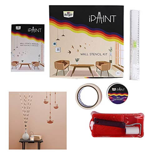 Berger iPaint DIY Wall Diya Stencil Painting Kit (2" Foam Roller, Painting Tray, 200 ml Silk Glamor Paint Burnt Chilli, Stencil Set, Masking Tape, Leveller Scale, DOU Booklet)- Multicolor