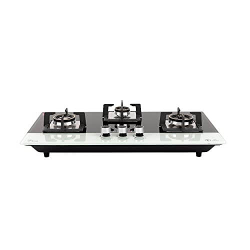 BLOWHOT Imperial Hob 3 Burner, Auto Ignition, 8 mm Glass Top, One 110 mm Triple Ring Burner, Two 100 mm Double Ring Burner, One 70 mm Double Ring Heavy Brass Burners, Features Spark Tip, 1 Year General Warranty (Burner, Gas Valve and Glass - 2 Years) (Black&White)