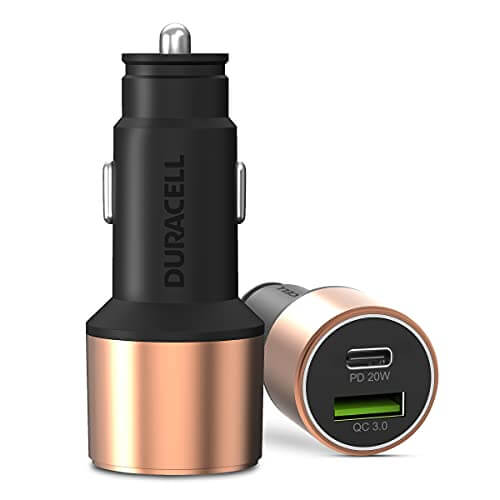 Duracell 38W Fast Car Charger Adapter with Dual Output. Quick Charge, Type C PD 20W & Qualcomm Certified 3.0 Compatible with iPhone, All Smartphones, Tablets & More.