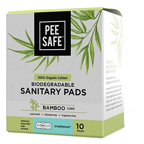 Pee Safe Organic Cotton Biodegradable Sanitary Pads, Overnight | Anti-Bacterial | Superb Absorbency | Long Lasting Protection | Skin Friendly | Comfortable & Easy To Use | Pack of 10