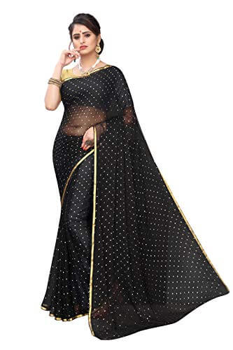 Anni Designer Women's Black Chiffon Saree With Blouse Piece (BUNDI BLACK_Free Size)