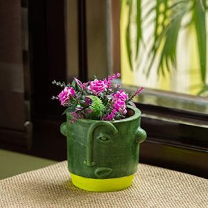 ExclusiveLane 'Abstract Face' Handmade & Handpainted Terracotta Planters for Living Room & Garden Decoration Items Outdoor, Olive Green and Yellow, (L * W * H) = (5.5 * 5.2 * 4.6) Inches, (EL-021-176)