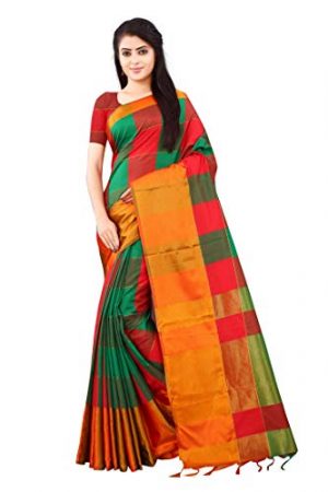 Greciilooks® Women's Tussar Silk Checks Pattern Banarasi katan Silk Saree With Blouse Piece (orange)
