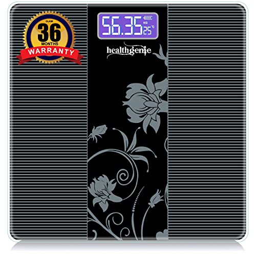 Healthgenie Digital Weight Machine For Body Weight Weighing Scale Thick Tempered Glass LCD Display with 3 Year Warranty & Batteries HD-221 (93 Black)